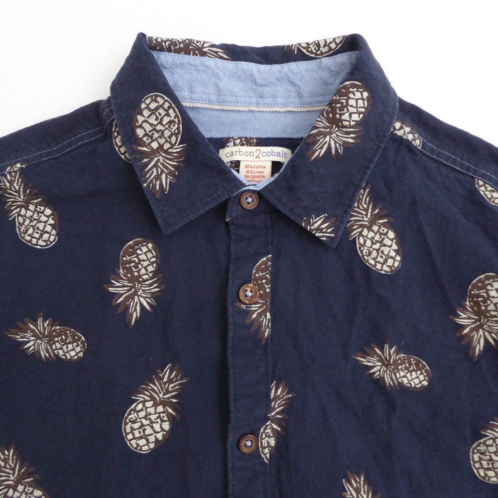 Carbon 2 Cobalt Mens Shirt Navy Blue Pineapple Print Cotton Linen Short Sleeve M